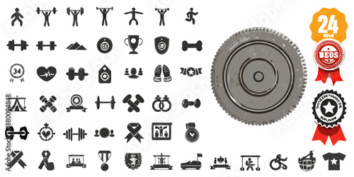 Collection of various black icons and a tire with badges displayed