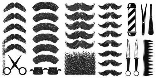 various types of mustaches and grooming tools illustration