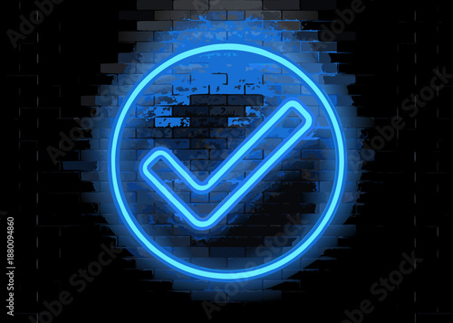 Neon checkmark sign glowing brightly against a textured dark brick wall