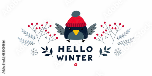 Charming winter bird illustration with festive greeting and decorative foliage