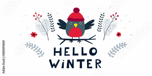 A charming winter illustration featuring a red bird and festive greeting