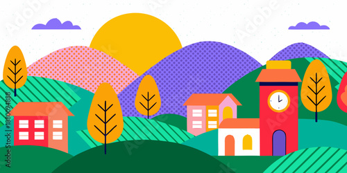 Colorful illustration of a stylized landscape with hills trees and buildings