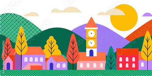 Stylized illustration of a colorful townscape with mountains and a bright sun