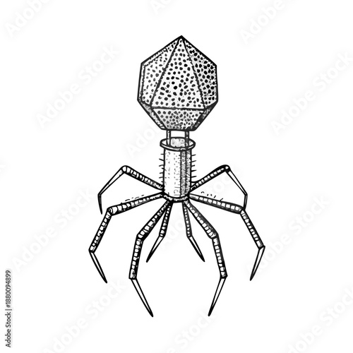 Detailed illustration of a bacteriophage virus with hexagonal head and tail fibers