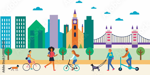 People enjoying leisure activities in a vibrant stylized cityscape park scene