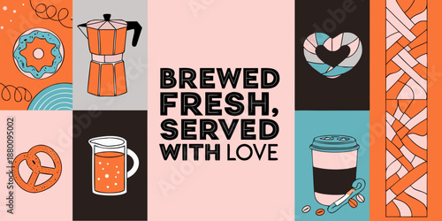 Colorful illustration featuring coffee donuts and a heartwarming brewed with love message