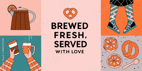A colorful illustration displaying beer pretzels and cheerful food imagery