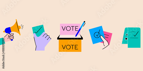 Illustration depicting voting elements megaphone ballot box and checkmarks
