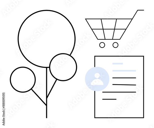 E-commerce, online transactions, environment, personal data, identification, sustainability. A shopping cart, tree illustration and a document with a user icon. E-commerce and sustainability