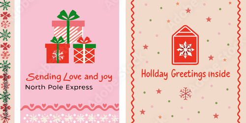 Festive holiday card designs featuring gifts tags and heartwarming greetings