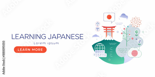 Learning japanese visual elements include flags torii gate and mount fuji