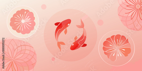 Two red koi fish swim amidst pink floral circles and soft gradients