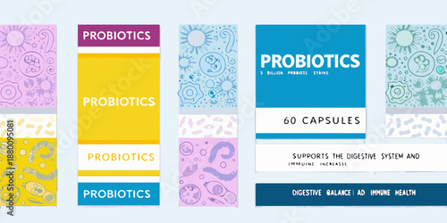 Colorful probiotic supplement packaging designs with floral and circular patterns