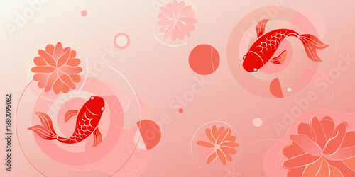 Red koi fish swim amongst pink lotus flowers and circular shapes