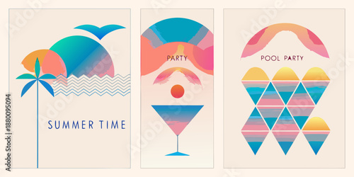 Abstract summer themed designs with tropical elements and vibrant color palettes