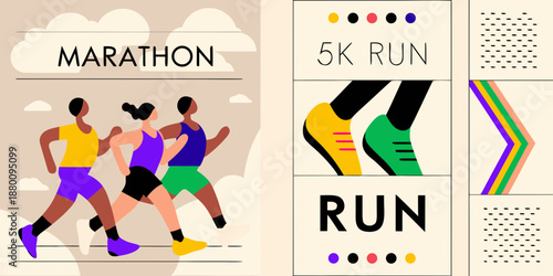 Colorful illustration featuring runners and text promoting marathon and 5k run events