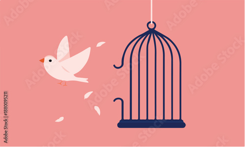 White bird break out of cage - A symbol for freedom and breaking free from captivity. Vector illustration