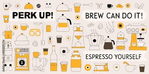 Coffee themed illustration with various brewing equipment and playful typography