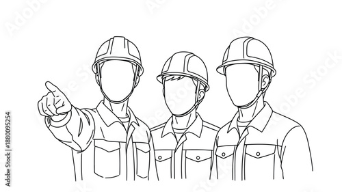 Three workers in hard hats and uniforms pointing and smiling