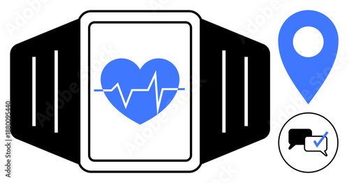 Heart rate monitor on wearable device with ECG display, location pin, and messaging feature. Ideal for health, fitness, wellness, technology, navigation sports communication. Simple flat metaphor