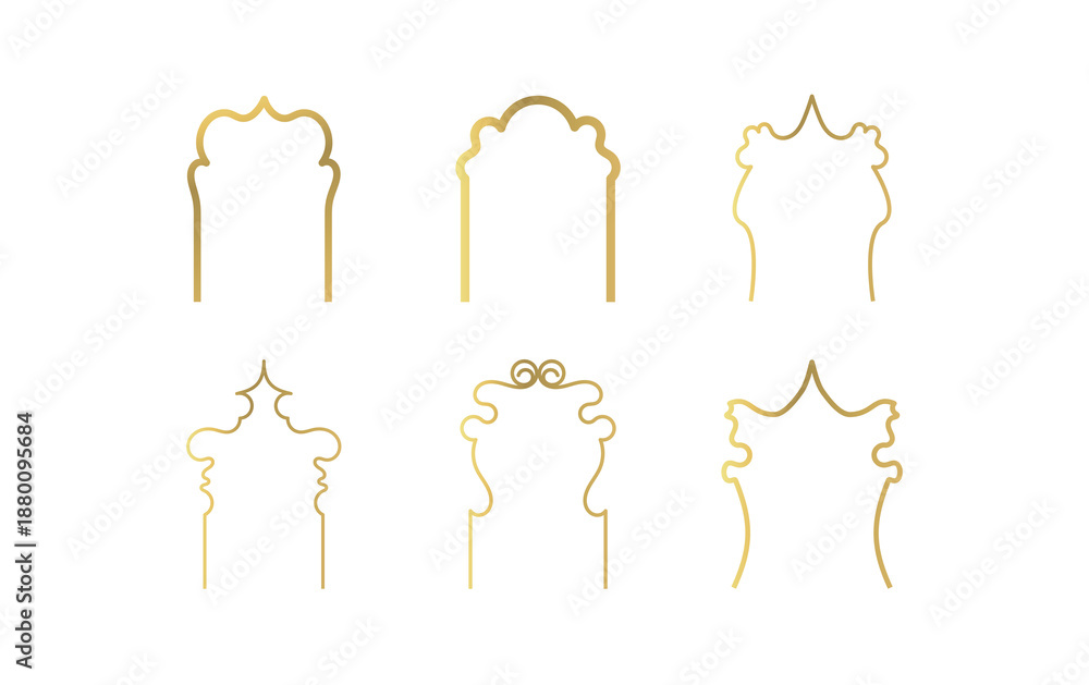 Obraz premium Golden Islamic Arch Outline PNG on Transparent Background, Mughal Arabic Mosque Frame Line Art