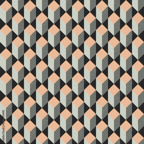 Cube pattern created from peach, pale and mid grey diamonds, seperated by black triangles