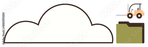 Data storage, logistics operations, cloud computing, digital file management, supply chain, cloud services. Cloud shape with forklift and folder icons. Cloud computing and logistics concept