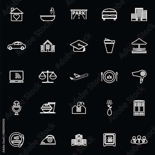 Hospitality business line icons on black background