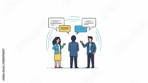 Three people communicating with speech bubbles above their heads.