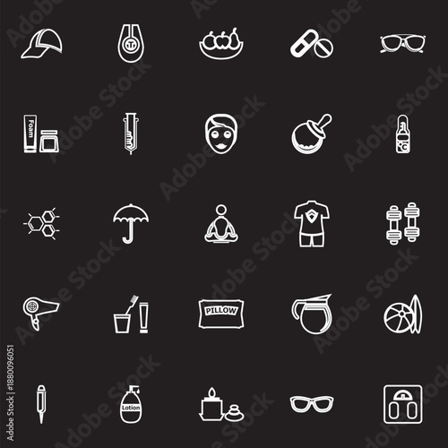 Facial and body treatment line icons on black background
