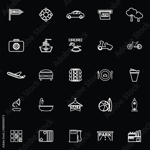 Map place line icons on black background