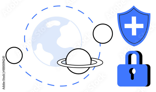 Data protection, cybersecurity, global safety, healthcare security, planetary systems, secure space technology. Planet orbit with shield and lock. Data protection and cybersecurity concepts
