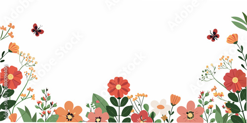 Floral border with butterflies and vibrant blooms on a white background