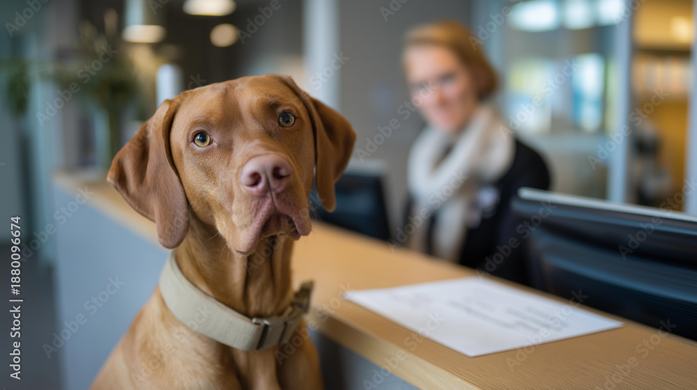 custom made wallpaper toronto digitalAt the front desk, a caring receptionist offers attention while greeting each pet in vet practice, helping reduce stress and anxiety. cinematic color correction, natural uneven lighting yet gentle