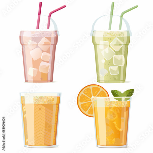 Refreshing summer drinks with ice straws and vibrant fruit garnishes displayed