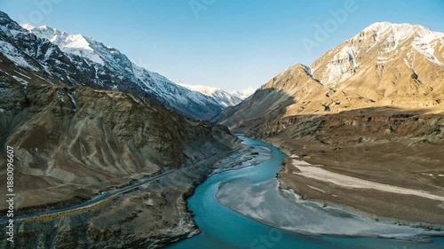 snowy himalayan landscape with indus river flow india video