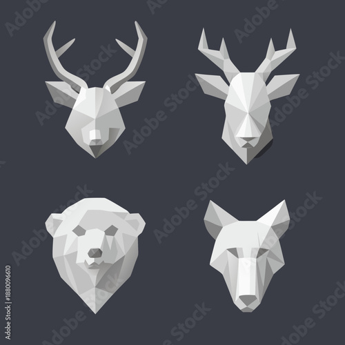 Geometric animal heads deer bear and wolf wall decorations in white