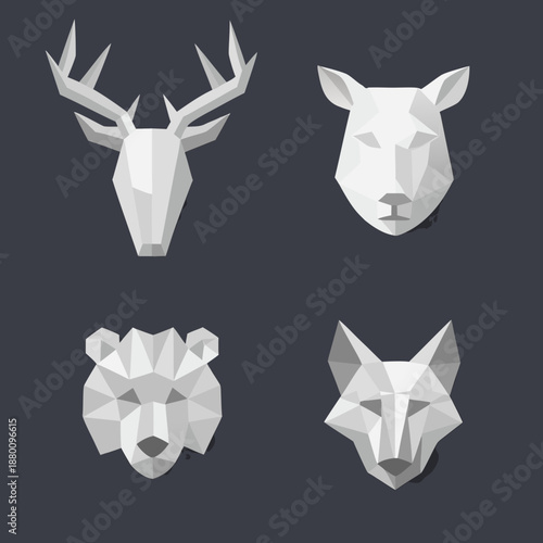 Geometric animal heads deer bear fox and doe in a modern style