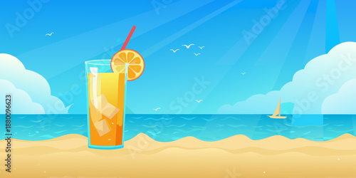 A refreshing orange drink on a sandy beach under a bright blue sky