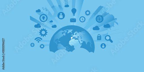 Global network connectivity and digital innovation concepts illustrated with icons