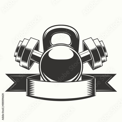 Fitness equipment logo with kettlebell and dumbbells on a ribbon banner
