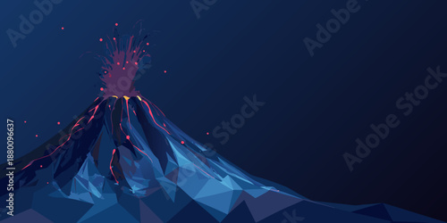A low poly illustration of a volcanic eruption with fiery red lava flows