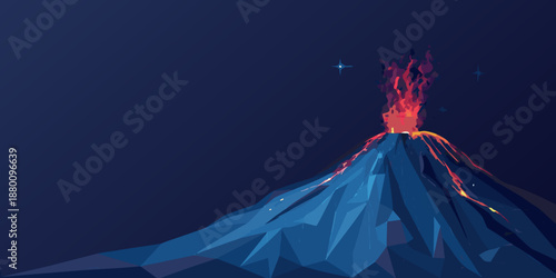 A vibrant low poly illustration of an erupting volcano at night