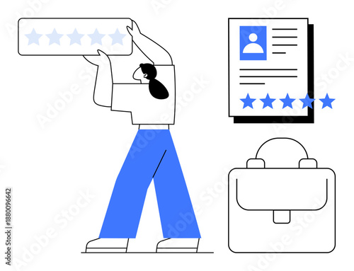 Woman adding star ratings to a profile, resume document, and briefcase icon. Ideal for HR processes, recruitment, job applications, performance reviews, career growth, employee evaluation business
