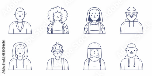 Diverse group of eight outlined faces each with unique hairstyles and features