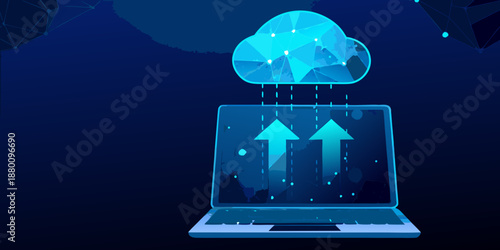 Cloud computing data transfer visualized with a laptop and polygonal cloud