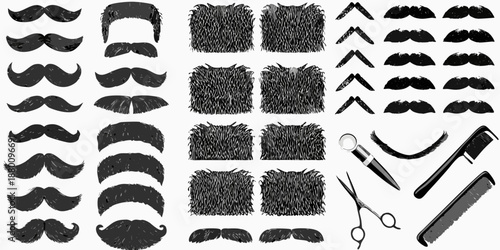 Collection of various mustache styles facial hair and barber tools displayed