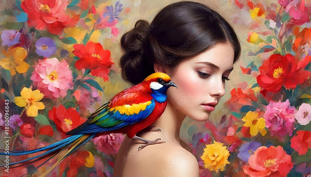 Fototapeta premium A mature woman with a flower crown on her head stands against the backdrop of the sea and a small house on a cliff. She wears sunglasses and a necklace. The background of the painting is warm, creatin