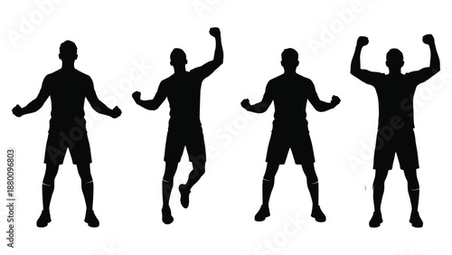 Silhouettes of a man in various dynamic poses celebrating victory or achieving a goal