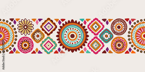 Colorful geometric pattern design with repeating floral and diamond motifs